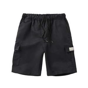 Men's loose black cotton cargo shorts with elastic drawstring waist on white background