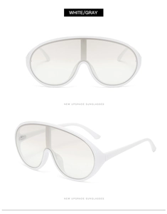 Front and side view of oversized white frame shield sunglasses with gray gradient lenses