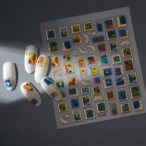 Vintage Van Gogh oil painting nail stickers with 3D embossed gold frames for DIY art
