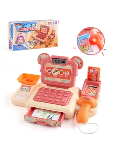 Close-up of pink toy cash register with light-up scanner and pretend play grocery items