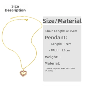 Detail showing gold plated heart pendant with pink zircon insets and 45+5cm chain size