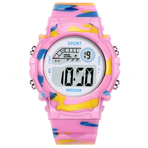 Pink camouflage kids digital watch showing WR30M water resistance and large screen display