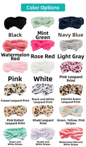 Color variations of coral fleece bow headbands in various solid and leopard patterns
