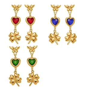 Elegant stainless steel drop earrings with gold butterfly, heart gem, and clover charms