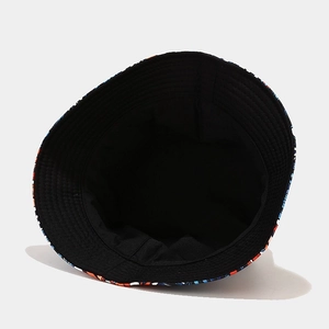Detail view of fisherman hat showing black lining and colorful floral print seams