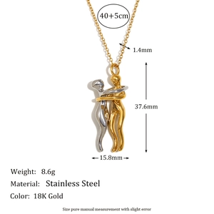 18K gold-plated stainless steel lovers hug pendant necklace with detailed size specifications