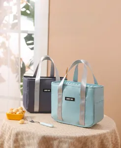 Close-up of light blue and grey insulated lunch bags on a table showing handle details