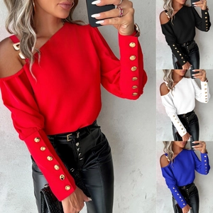 Damen Off Shoulder Bluse Polyester Metallknopf Cold Shoulder Elegante Langarm Einfarbige Oberteile