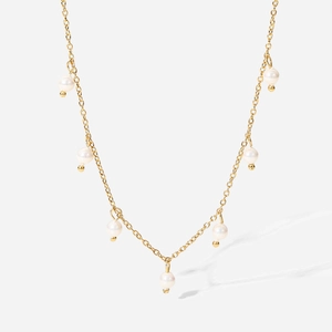 18K gold stainless steel necklace with small white pearls and tassel accents for women