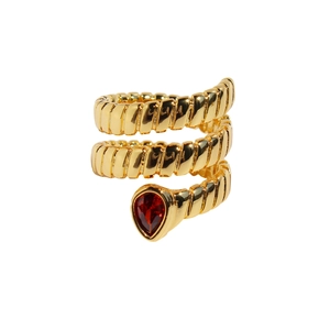 Three-layered golden snake ring featuring a red teardrop zircon gemstone on white background