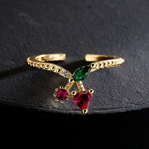 Adjustable 18K gold-plated irregular cherry ring with red and green zircon gemstones