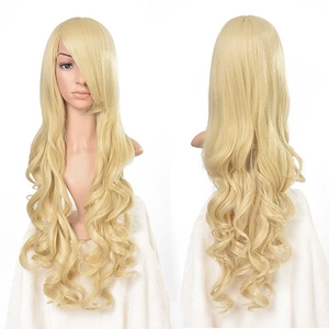 Detailed front and back view of long golden wavy cosplay wig on a mannequin torso