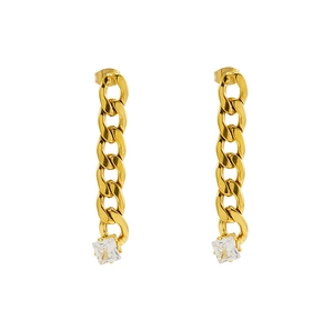 Macro shot of long gold chain drop earrings with a square clear zircon pendant detail