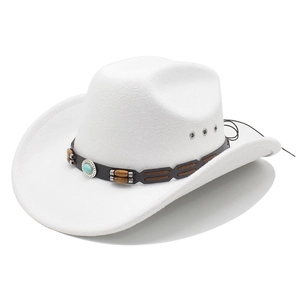Chapeau de cowboy classique en feutre blanc avec pierre turquoise et ruban marron