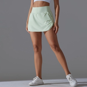 Close-up of high-waist cooling tennis skirt featuring side drawstring and pleated detail