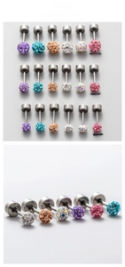 Titanium steel barbell studs with colorful 3mm to 5mm rhinestone balls in detail