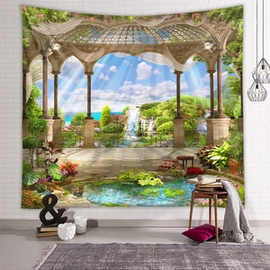Detail of 3D European garden tapestry with arch gazebo and waterfall on a brick wall
