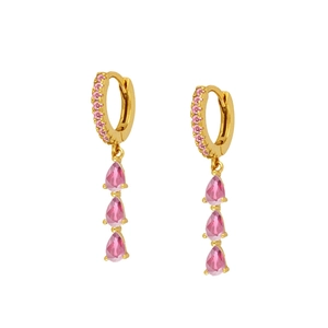Detail of gold hoop earrings with pink zircons and three pear-shaped drop stones