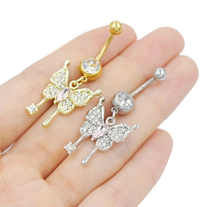 Lot de deux piercings de nombril papillon en or et argent avec pierres de zircone chic