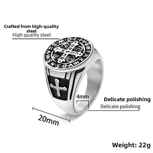 Macro detail of St. Benedict cross ring with 20mm diameter and 4mm band width dimensions
