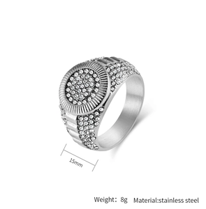 Detailed macro of 15mm wide stainless steel ring with micro-pave white crystals