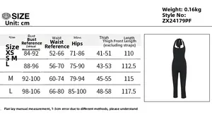 Detailed size guide table for slimming halter jumpsuit with bust and waist measurements