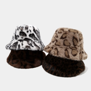 Leopard Print Faux Fur Bucket Hat Warm Plush Winter Animal Pattern Soft Thick Basin Cap Outdoor For Women