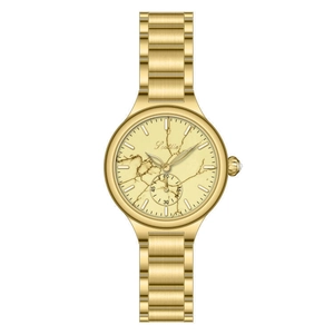 Women's gold steel watch with white marble dial and three-link strap by Scottie brand