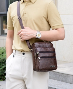 Men's dark brown PU leather crossbody bag with multi-layer zipper pockets for business casual