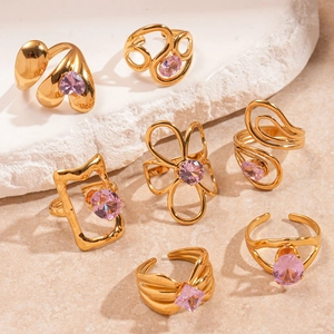 Adjustable gold plated stainless steel rings with purple zircon in various geometric designs