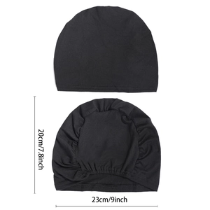 Black elastic turban beanie for women showing flat view and size measurements