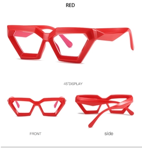 Three-way view of stylish red irregular geometric hexagonal eyeglasses for men and women