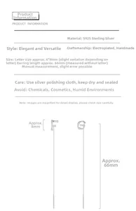 Detailed size specifications for S925 sterling silver drop earrings with letters F and G