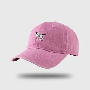 Vintage washed cotton baseball cap with puppy embroidery in pink purple finish