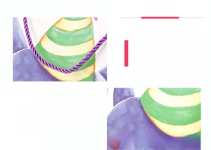 Detail view of purple woven handle and watercolor print on festive birthday gift bag