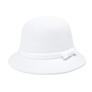 Close-up of white wool cloche hat with elegant bow detail and French vintage felt texture