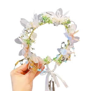 Floral princess headband with white flowers pearls and adjustable ribbon for girls