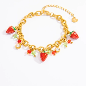 Stainless steel gold bracelet with red strawberry pendants and sparkling crystals
