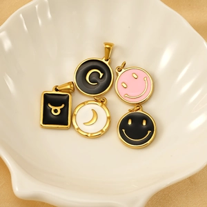 18K gold plated stainless steel pendants with enamel zodiac signs and smileys