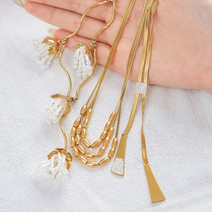 Vintage Floral Pendant Necklace For Women Gold Plated Stainless Steel Snake Bone Chain Elegant Y Shaped Tassel Jewelry