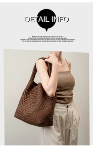 Detail view of a hand-woven brown neoprene tote bag shown by a model on a beige background