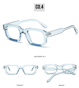 Detail view of light blue transparent square frame glasses from front and back angles