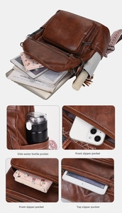 Brown PU leather backpack with large capacity storage for laptops and magazines