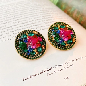 Retro Round Ear Clips For Women Non Pierced Alloy Colorful Rhinestone Vintage Luxury Style