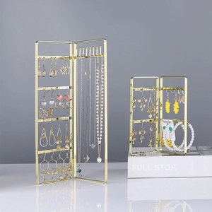 Jewelry Display Stand Metal Folding Screen Earring Organizer Rack Necklace Hooks Plating Gold Rose Gold Desktop Storage