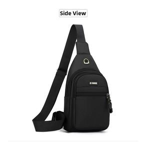 Detail view of water-resistant oxford fabric chest bag with multi-layer zipper pockets