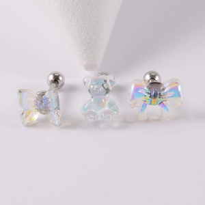 Iridescent butterfly bear and bow stud earrings in polished stainless steel