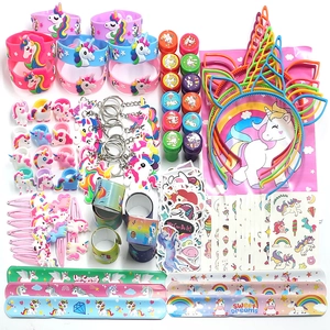 Unicorn themed party favor set with bracelets, keychains, stamps and hair accessories