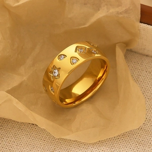 Wide 18k gold plated stainless steel ring with star-patterned cubic zirconia inlay