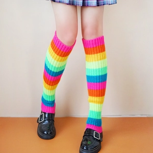Jambières Tricotées À Rayures Arc-en-Ciel Chaussettes Plissées Colorées Pour Filles Femmes Style JK Lolita